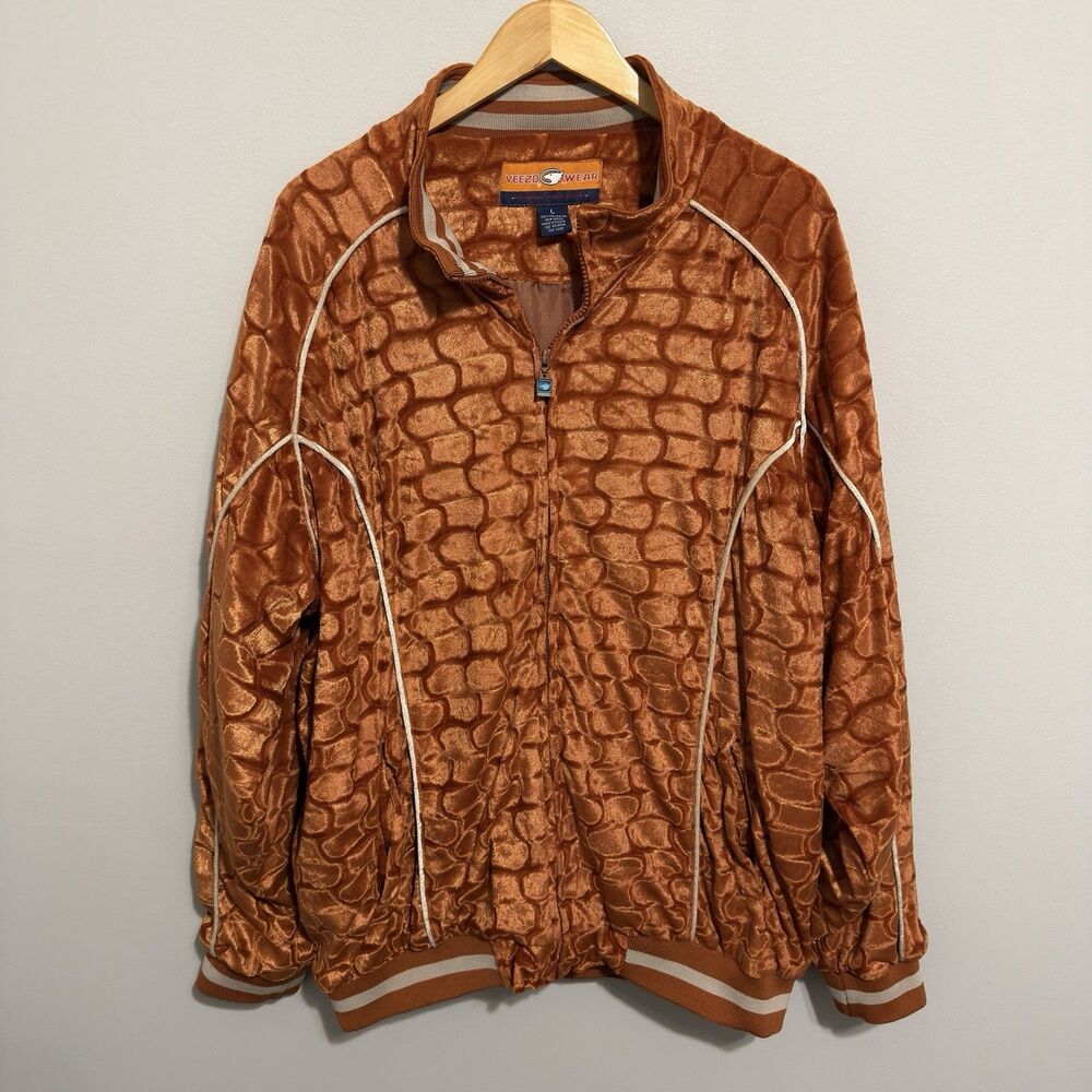 Vintage Veezo Velour Track Jacket Rust Orange Full Zip Retro 90s Large